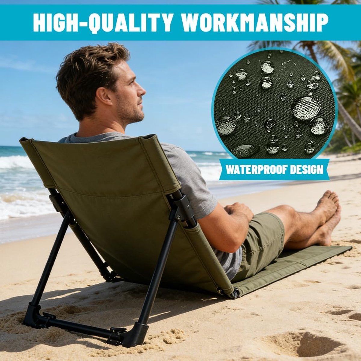 Strandmat met Rugleuning - opvouwbare kampeerstoel - Opvouwbare strandstoel - Vouwstoel / kussen - campingstoel buiten - Klapstoel - draagbare campingstoel met opbergtas - lichtgewicht strandvloerstoel - Ultiem Strandcomfort - Groen — cadeau in Sport & Outdoor - foto 3