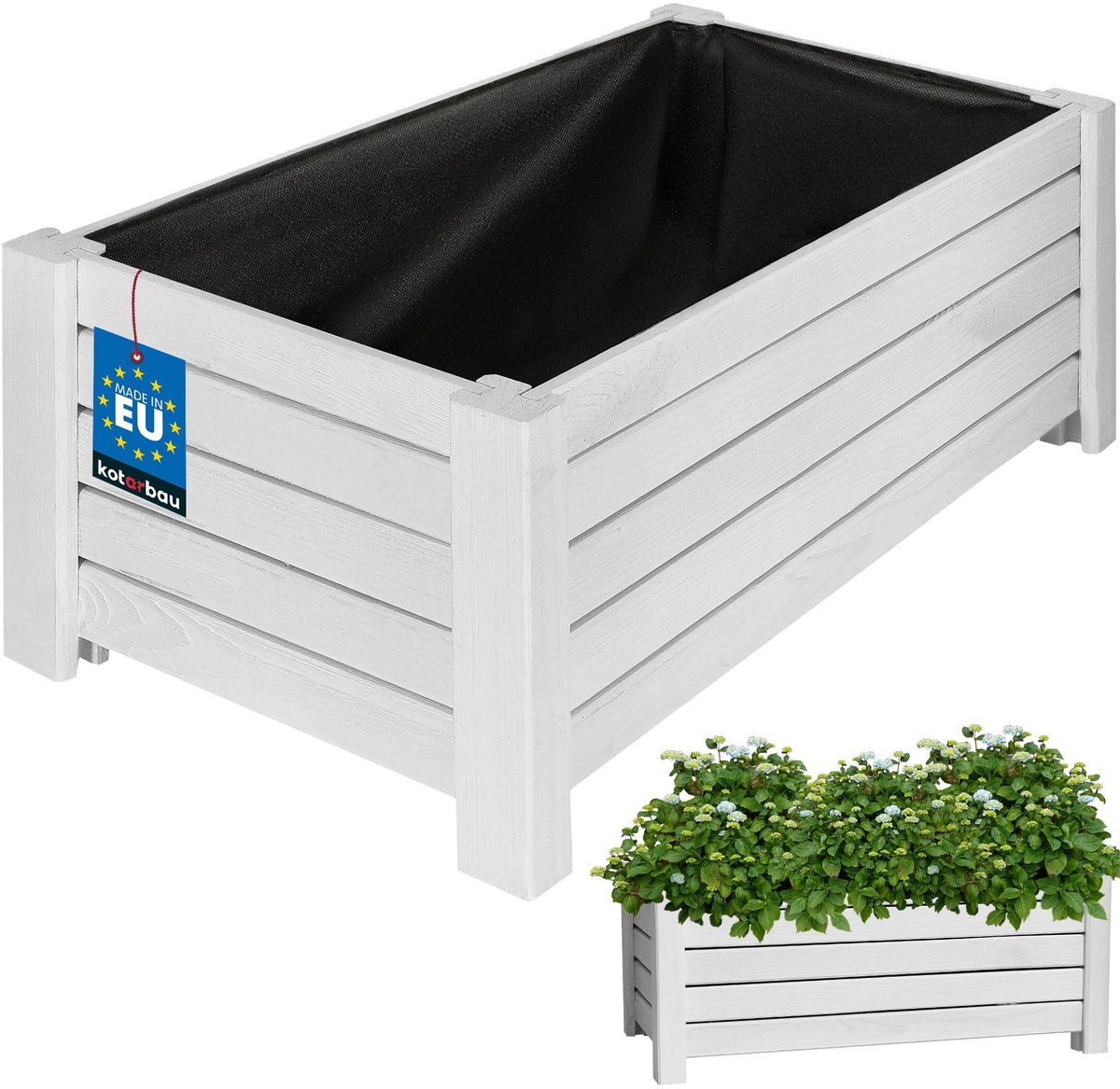 KOTARBAU® Houten Plantenbak, Kiefernhout, 60 x 33 x 25 cm, Wit, Houten Bloembak, Plantenbak voor Buiten, met Vlies, voor Tuin, Terras, Balkon