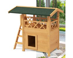 Kattenhuis - Voor buiten - Hok - Kooi - Bench - Ren - 2 verdiepingen - duurzaam - Bruin