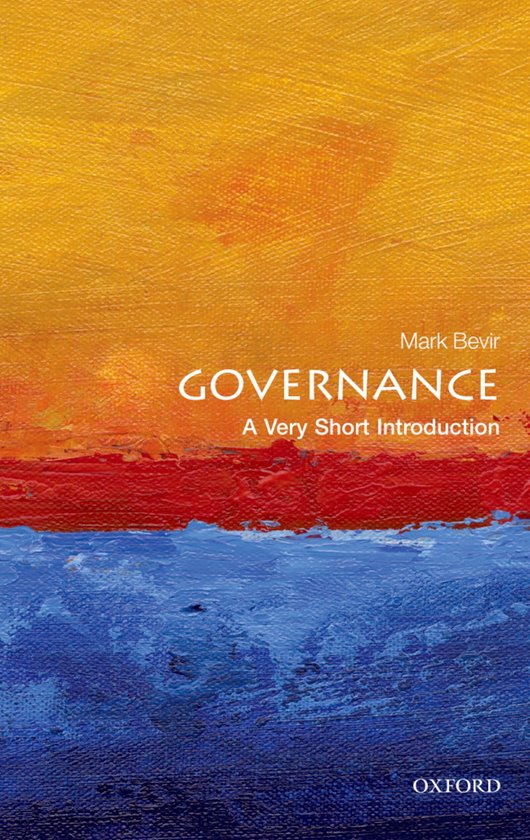 Governance A Very Short Introduction, door Mark Bevir. Abstracte aquarel met gele, rode en blauwe strepen.
