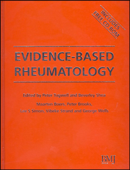 Boek 'Evidence-Based Rheumatology' met oranje kaft, inclusief gratis CD-ROM.