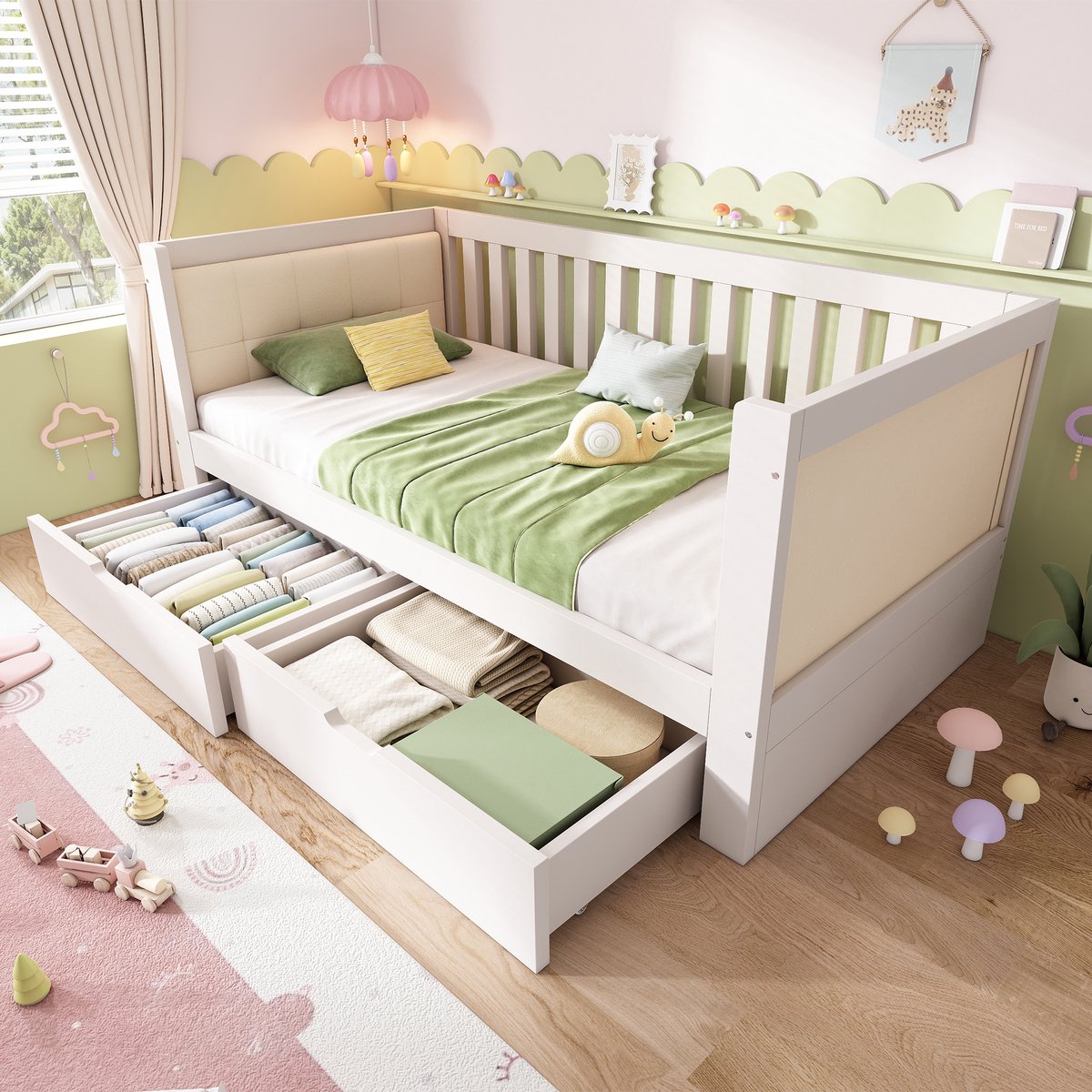 Daybed 90x190 cm - slaapbank met 2 opberglades - houten kinderbed met rugleuning - ideaal voor kleine kamers - wit