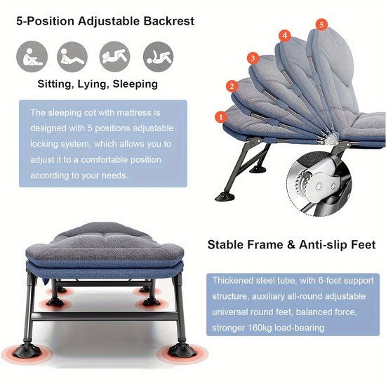 Veldbed-ligbed voor in de tuin-Met zijvak en matras-Verstelbaar in 5 standen- Draagbaar ligbed voor buiten,Kamperen,Vissersbed-GRIJS. van Merkloos — afbeelding 3