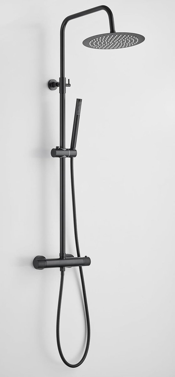 ERFU Thermostatische Regendouche Ø250 mm – Douchekolom met Handdouche – Anti-Kalk – 38°C Veiligheidsstop – Mat Zwart