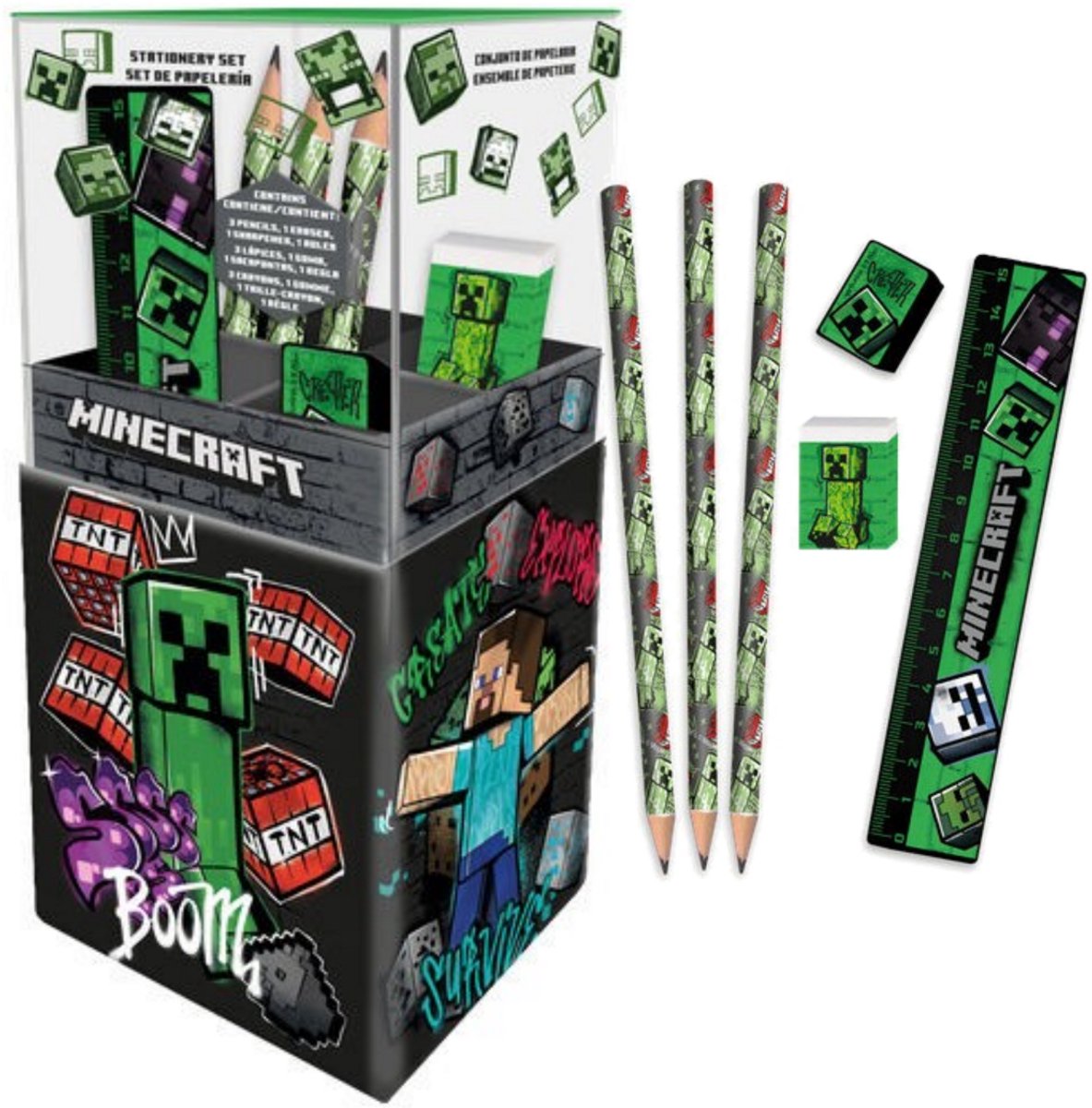 Minecraft Creeper Bureauaccessoires - Schoolset - 5 delig met potloden en liniaal
