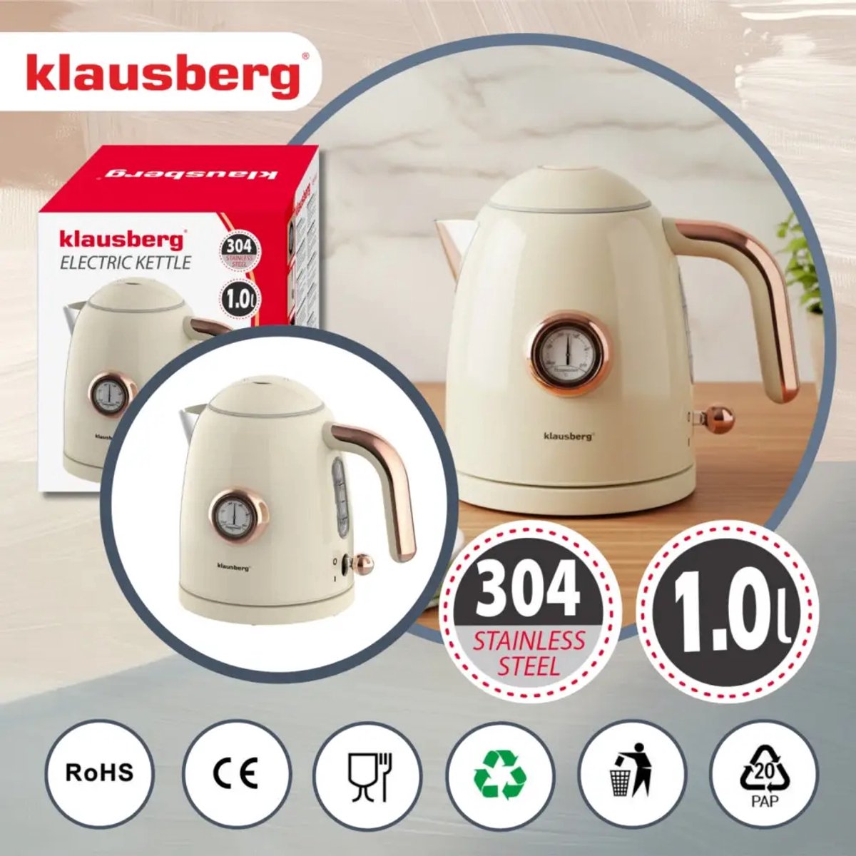 Klausberg - Waterkoker - Retro Waterkoker - Kleine Elektrische Waterkoker - Thee Waterkoker met Thermometer - Compacte Waterkoker Design - Keukenapparaat - 1L - 1200W - RVS - Crème — afbeelding 6