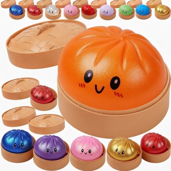 Mystery Dumplings Squishy – Oranje & Paars – 2 Stuks – Anti Stress Speelgoed – Fidget Toy – Squishy Dumpling met Bakje