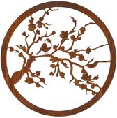 Corten wanddecoratie tuin XXL- Roodborstje op bloesemtak - muurdecoratie voor buiten - Exclusief Dutch Design