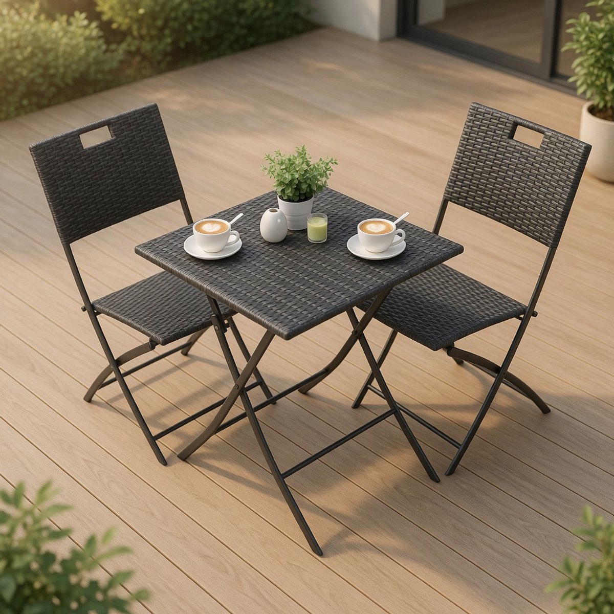 Opvouwbare Polyrattan Bistroset 3-Delig met Klaptafel & 2 Klapstoelen Grijs Balkonset Tuinset Terrasmeubels – Mobili Bella