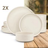 Service de table de luxe – 24 pièces – 8 personnes – Grès - Ensemble d'assiettes – Assiettes plates – Assiettes à dessert - Bols - Blanc Crème