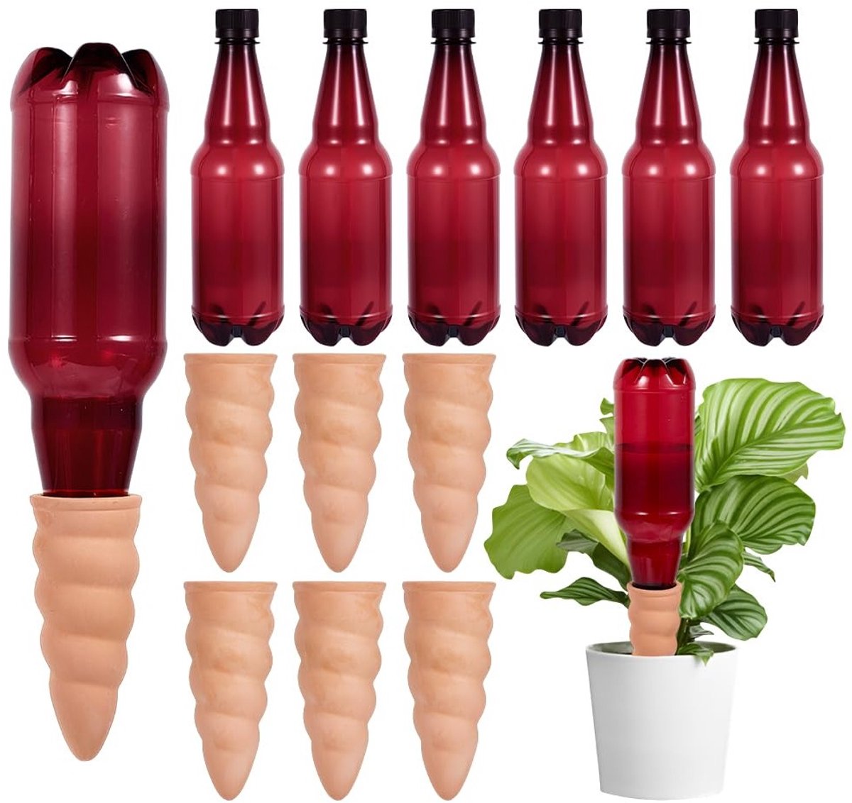 6 automatische irrigatiesystemen voor binnen- en buitenplanten, 6 rode plastic flessen en irrigatiepalen voor optimale plantverzorging