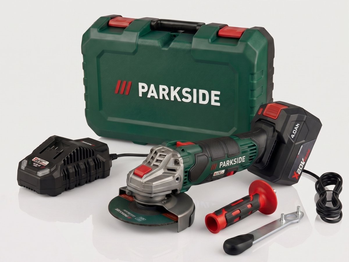 PARKSIDE® Accu-haakse slijper 20V - Toerental: 2500/10 000 tpm - Houder: M14 SPINDLE LOCK - Slijpschijf: Ø 125 mm - Inclusief accu en oplader, 1 doorslijpschijf metaal 125 mm, 1 tweegats montagesleutel
