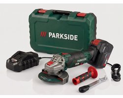 PARKSIDE® Accu-haakse slijper 20V - Toerental: 2500/10 000 tpm - Houder: M14 SPINDLE LOCK - Slijpschijf: Ø 125 mm - Inclusief accu en oplader, 1 doorslijpschijf metaal 125 mm, 1 tweegats montagesleutel