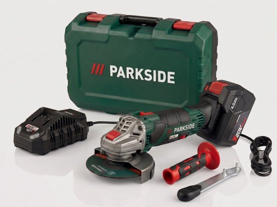 PARKSIDE® Accu-haakse slijper 20V - Toerental: 2500/10 000 tpm - Houder: M14 SPINDLE LOCK - Slijpschijf: Ø 125 mm - Inclusief accu en oplader, 1 doorslijpschijf metaal 125 mm, 1 tweegats montagesleutel