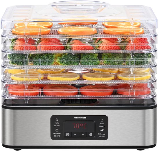 Voedseldroger met 5 lagen gevuld met sinaasappel, aardbeien, broccoli, citroen en tomaten.