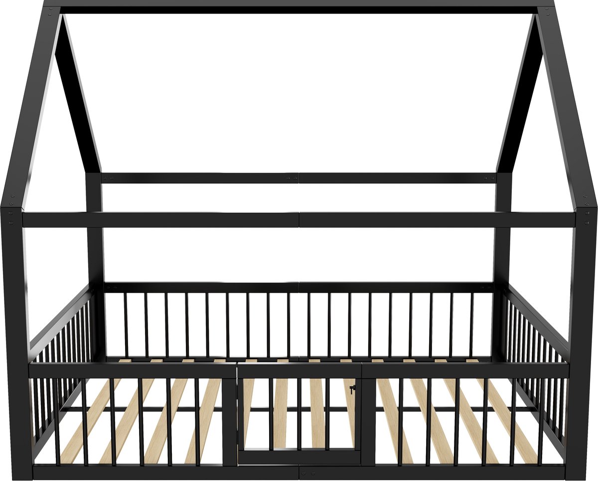 Merax Bed in Huisvorm 140x200 - Metalen Bed met Hekwerk - Kinderbed - Modern Bedframe - Zwart