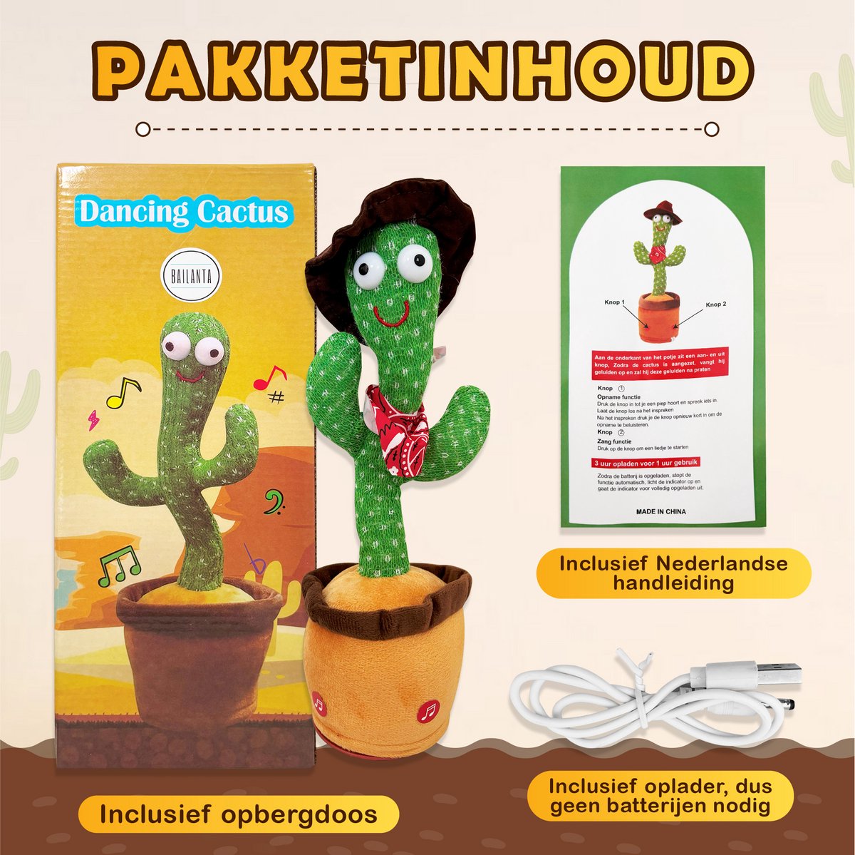 Bailanta® Dansende Cactus - Pratende Cactus - Kinder Speelgoed - Interactieve Knuffel - Nederlandse Handleiding - Pratende Knuffel – Cactus Speelgoed – USB Opladen – Geeft Licht – Met Cowboy Outfit – 120 Liedjes - Zingende Cactus - Perfect Cadeau — afbeelding 7