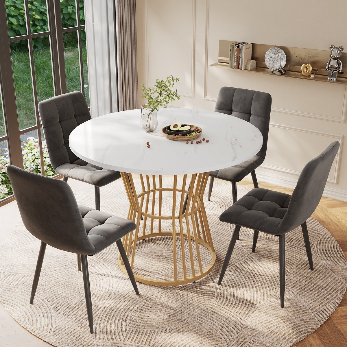 MIVRAY Eettafelset - Ronde Eettafel Met Marmerlook En Vier Fluwelen Stoelen - Voor Keuken
