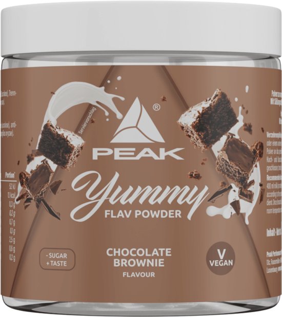 Bruine pot met PEAK Yummy Chocolade Brownie smaakpoeder. Gevuld met stukjes brownie en een melkstroom.