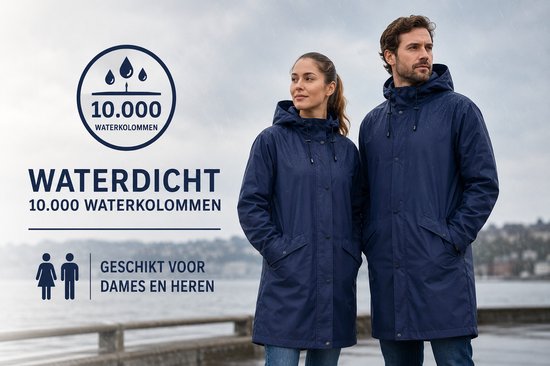 Vrouw en man in donkerblauwe regenjassen. Waterdicht, 10.000 waterkolommen. Geschikt voor dames en heren.