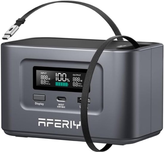 Grijze AFERIY powerbank met een display waarop de batterijstatus wordt getoond. Een zwarte kabel is erop gedrapeerd.