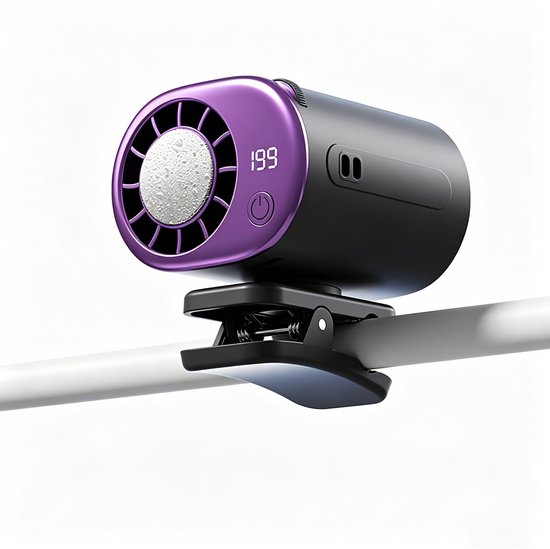 Mini ventilator auto 360° draaibare clipventilator met LED-display, USB, 199 snelheden, 16℃ semi-koeling, 2000mAh batterij