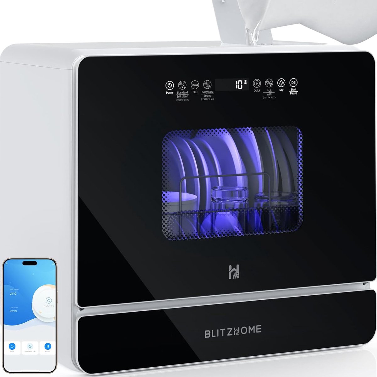 BLITZHOME Vaatwasser BH-6-CDW1 – draagbaar tafelmodel, 5,2L, 9 programma's, PTC hete lucht droging, 3D 360° sproei, app-bediening, EU-stekker