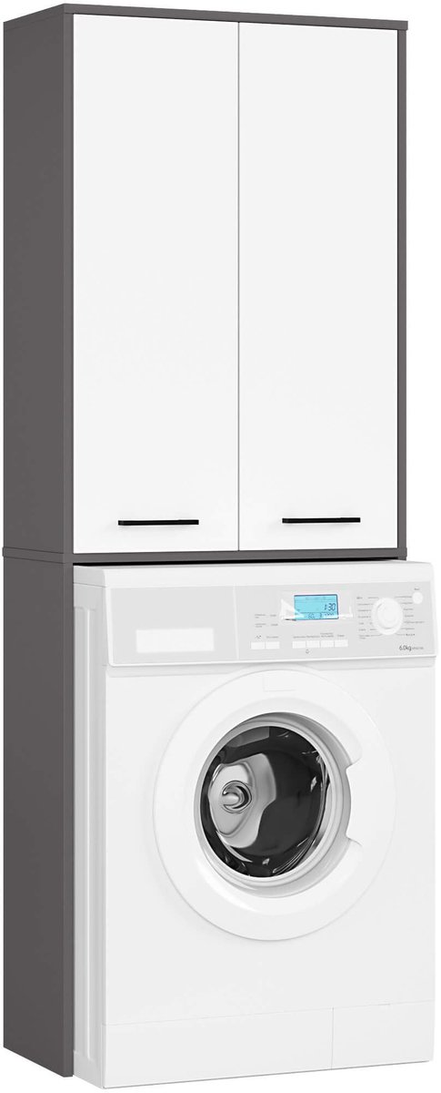 Badkamerkast voor Wasmachine FIN / Hoge Wasmachinekast met 2 Deuren / AKORD Furniture Factory / Grafietgrijs - Wit / 64 x 180 x 30 cm
