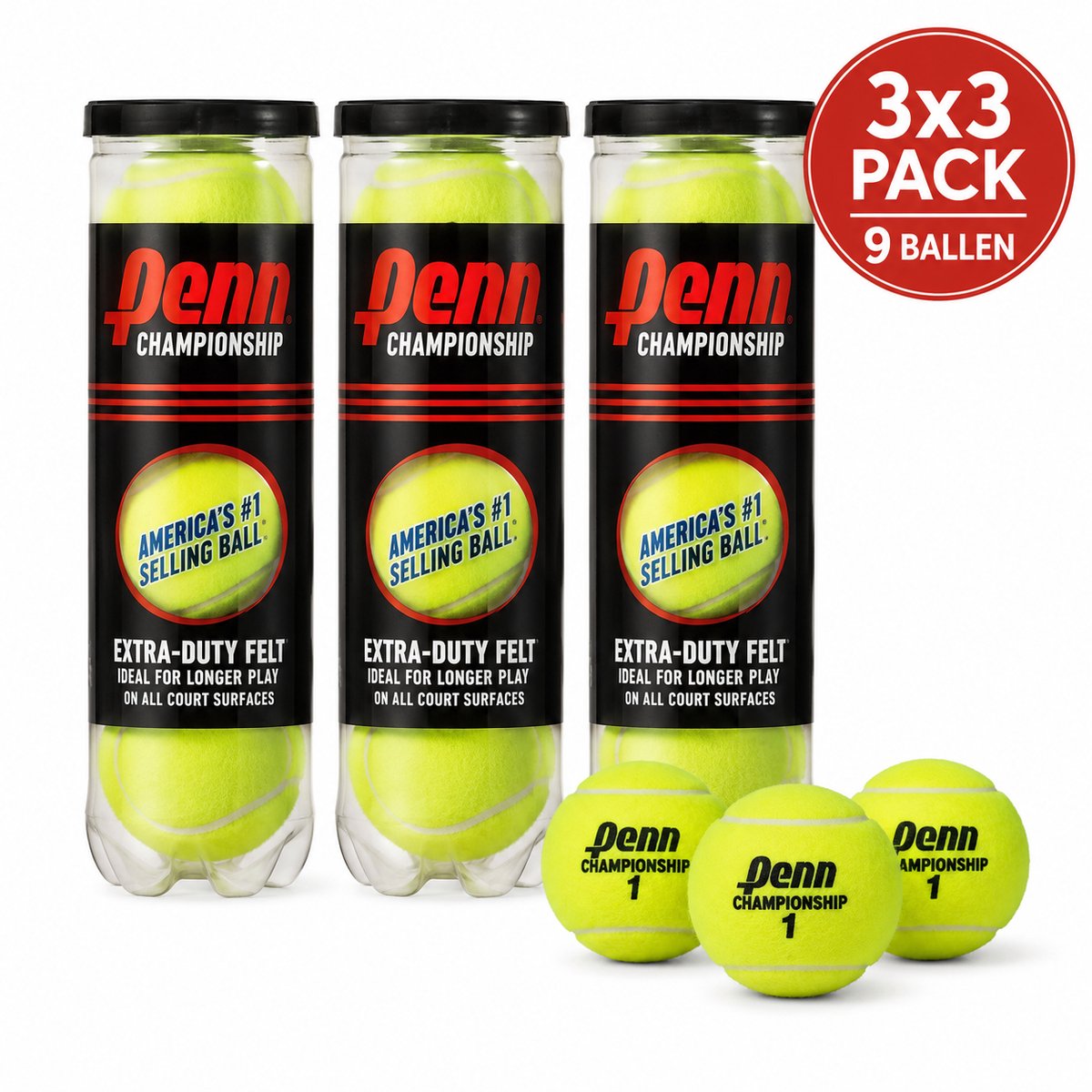 Penn Championship Tennisballen – 3 Tubes x 3 Ballen – All Court – Gasgevuld