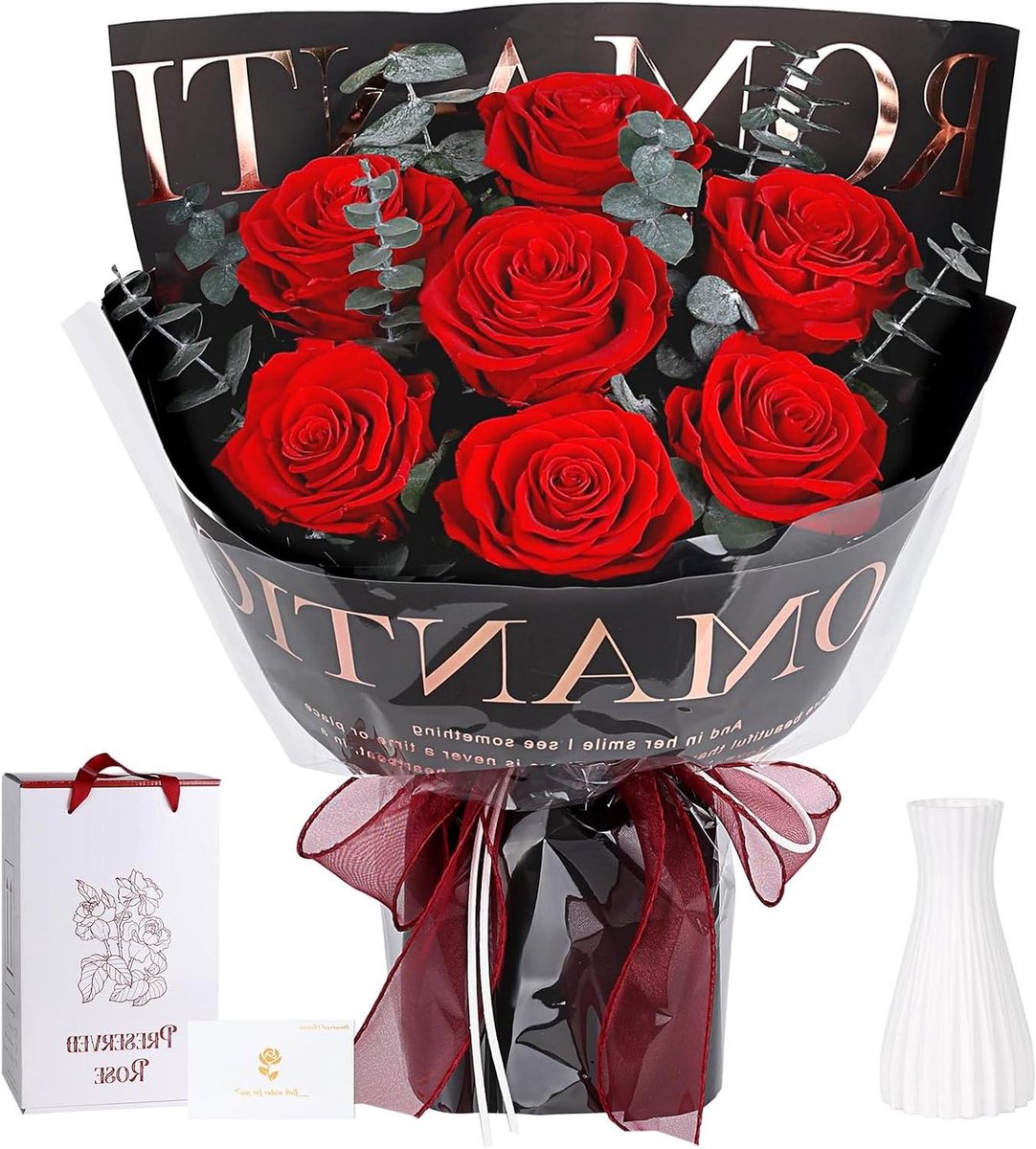 Eeuwige Rozen Boeket - Bewaarde Bloemen - Luxe Decoratie - Echte Rozen 3 Jaar - 34 cm Hoog - Rood