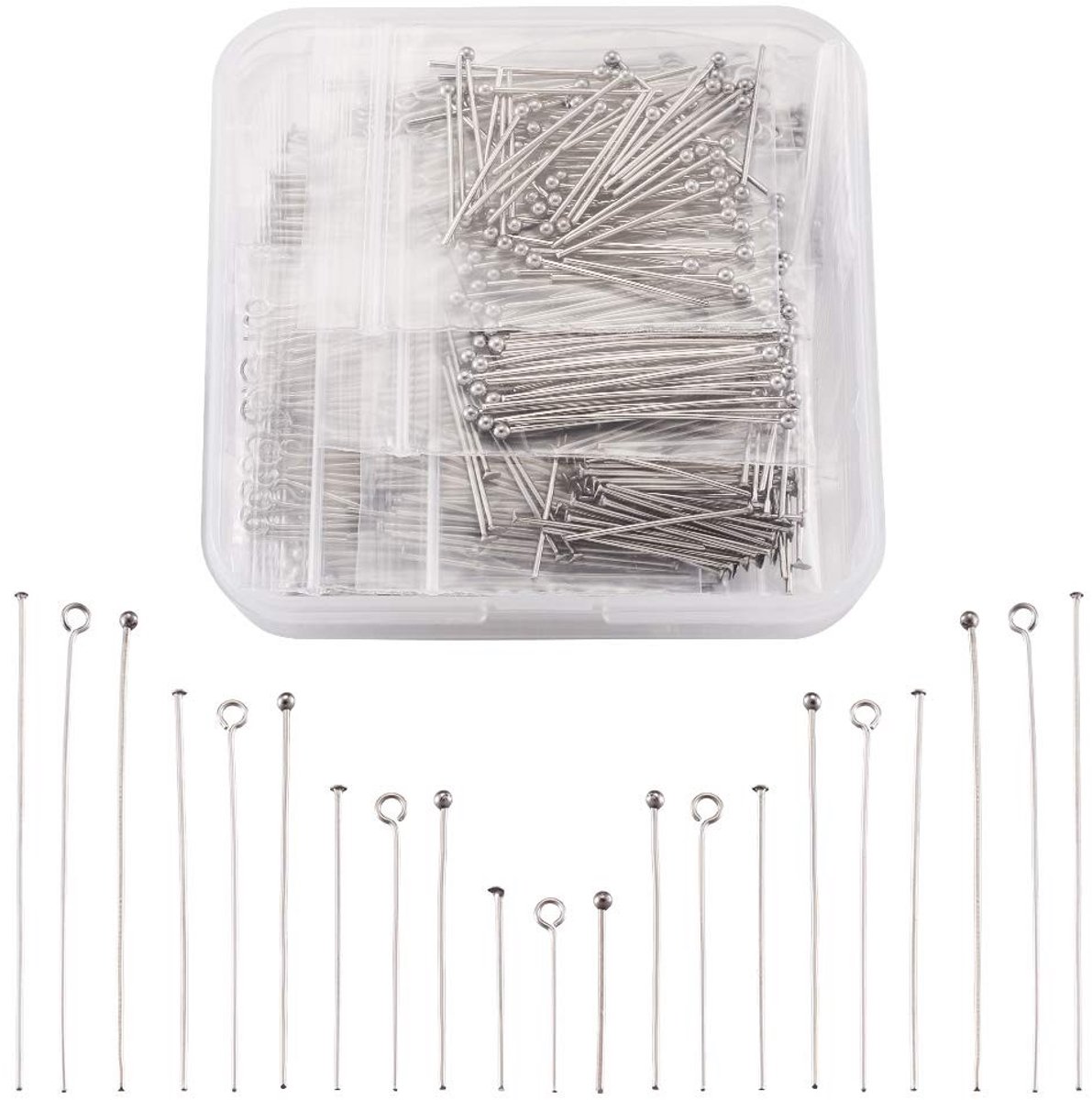 PandaHall 720-delige RVS Head Pins Set voor Sieraden Maken - 4 Maten, Open Eye, Ball Head en Flat Head Pins