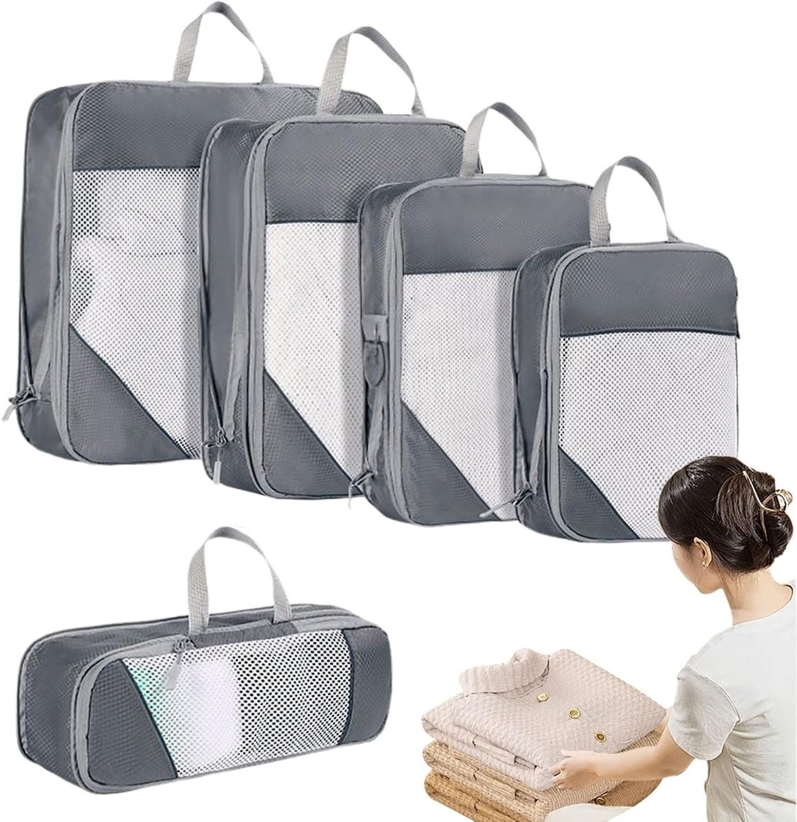 Compressietassen Reis - Opbergzakken Koffer - Bagage Organiseren - Waterdichte Coating - 34x24x3 cm - Grijs
