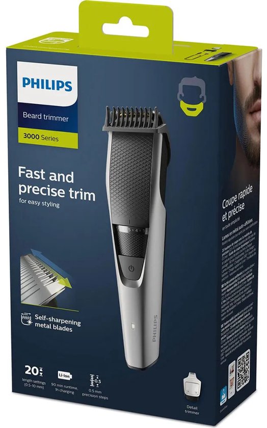 Verpakking van een Philips baardtrimmer 3000 Serie in zilver met zwarte details en een afbeelding van een man met een baard.