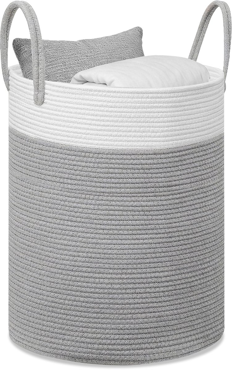 Lemlit Wasmand - Gevlochten Opbergmand met Handvatten 58 L - Speelgoedmand voor Kinderkamer Slaapkamer en Woonkamer - 38 x 50 cm - Wit Grijs