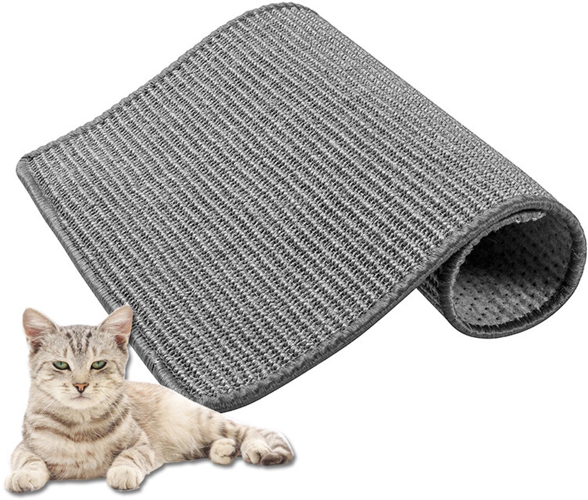 OLOEY Sisal Krabmat voor Katten–Grote Krabplank(60x40 cm)van Sisalstof voor Binnenkatten-met Klittenbandbevestiging–Wandkrabber,grijs