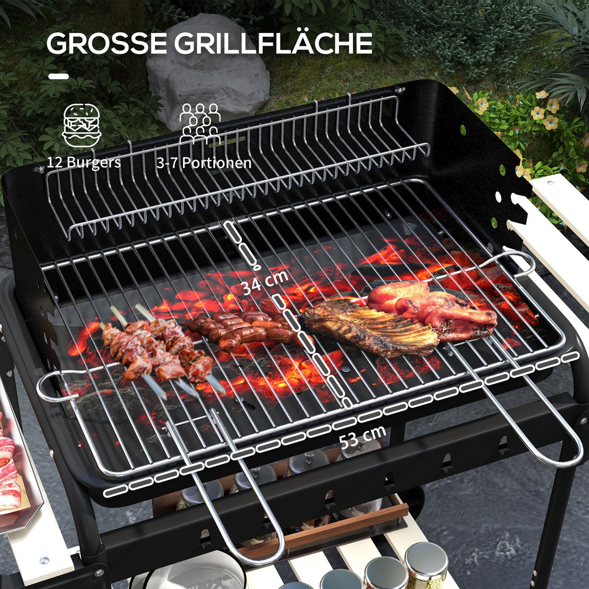 Houtskoolbarbecue van metaal BBQ-smoker met wielen, in hoogte verstelbaar grillrooster, houtrek 103x47x95 cm Zwart – foto 5