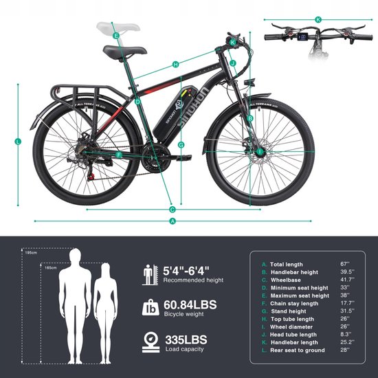SINOHON EM200 26‘’ Elektrische Fiets - 250W Motor, 48V 12,5Ah Accu, 21 Versnellingen, 25km/u - Stadsfiets met LED-Vertichting van SINOHON — afbeelding 3