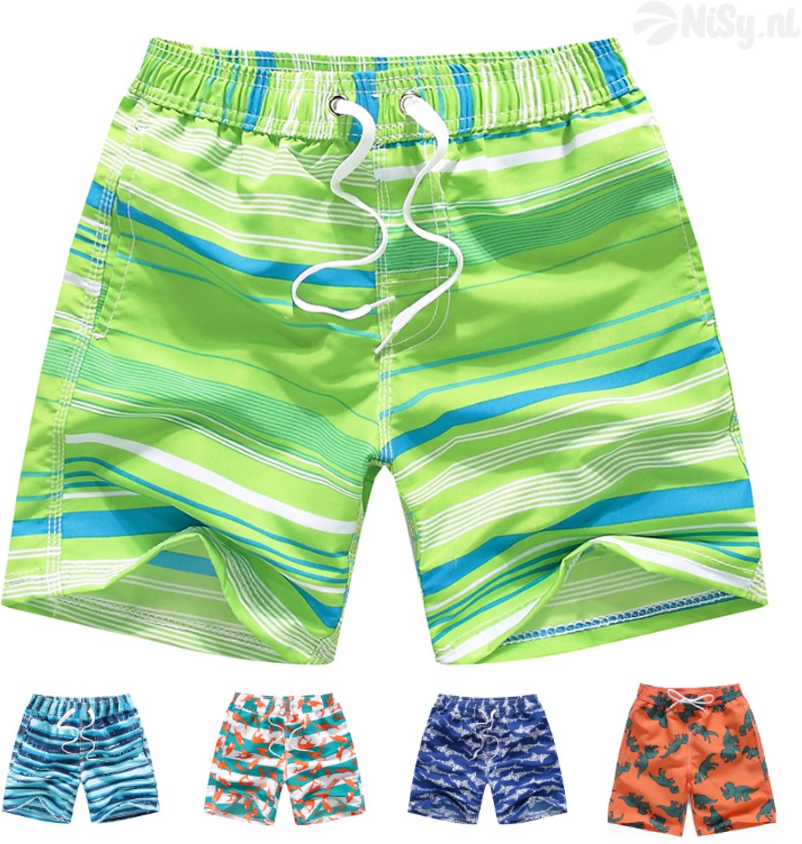 NiSy.nl Zwembroek Groen | Jongens | Zwemshort | Strepen Print | Sneldrogend | Maat 134/140
