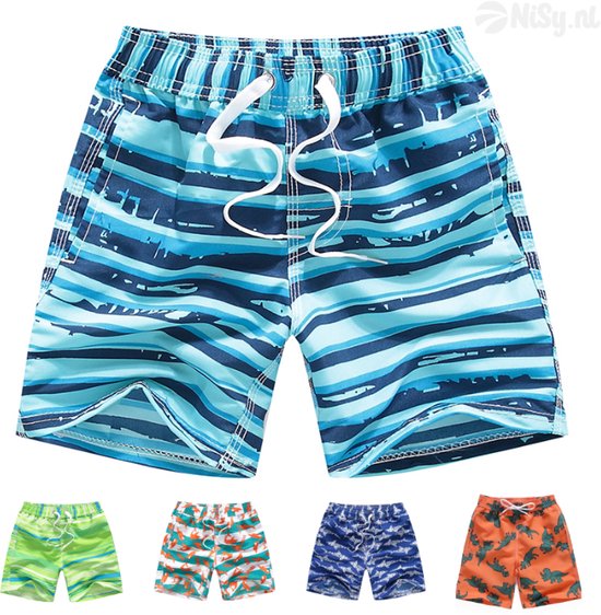 Collage van jongenszwemshorts met verschillende prints: strepen, dinosaurussen en camouflage.