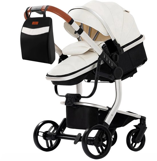 Witte kinderwagen met zwart accent en bruin handvat, met bijpassende tas.