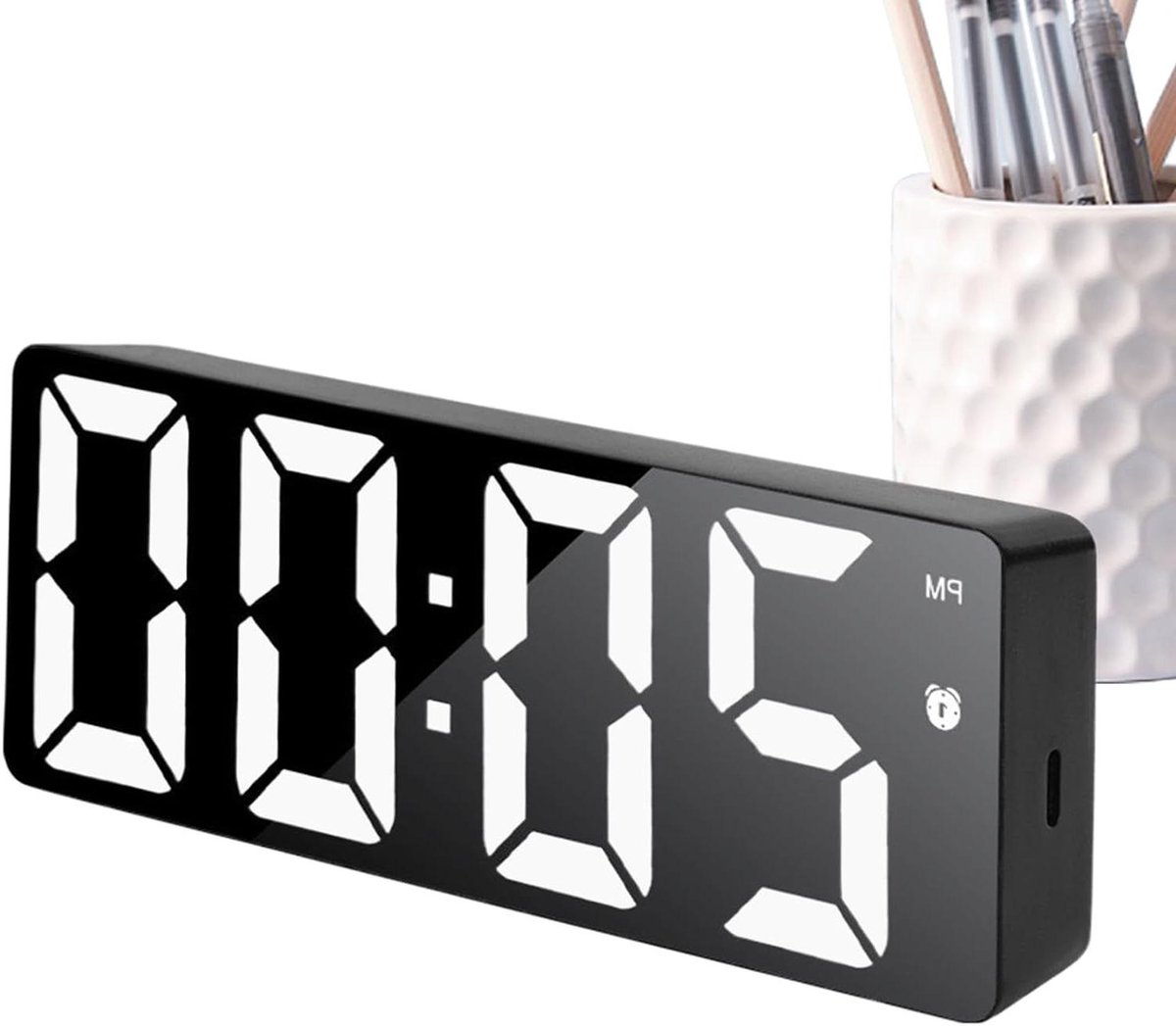 Digitale Wekker - Bureauklok LED - Tijdweergave - Spiegelend Display - 16x6x2.7cm - Zwart
