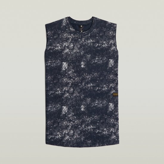 Robe bleu marine sans manches avec un imprimé éclaboussé blanc.