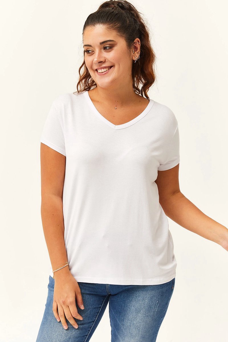 Dames 7XL V-Hals Basic Kortemouw T-Shirt, Wit Grote Maat Blouse