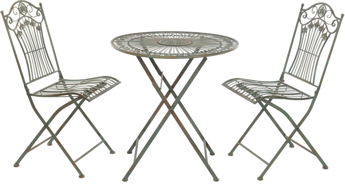 Moritz Bistroset 3-delig inklapbaar Antiek Groen – Metalen klaptafel Ø 69,5 cm met 2 klapstoelen – Vintage tuinset voor balkon terras tuin – nostalgisch café-design