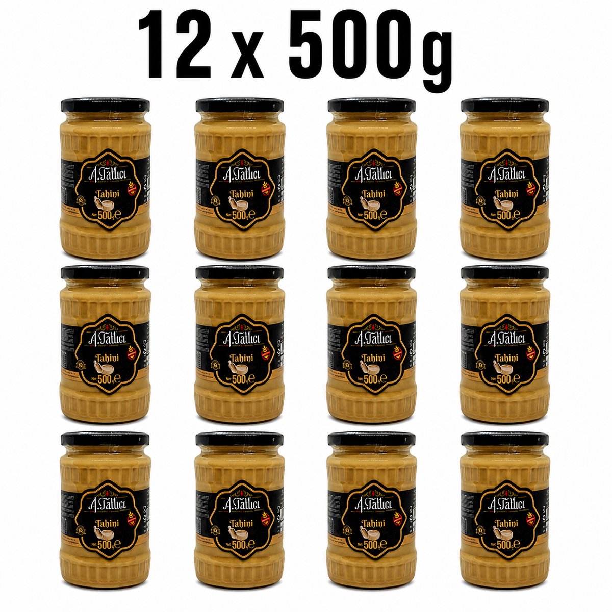 Abdurrahman Tatlici Tahin 100% Sesampasta – Glutenvrij Tahini & Zonder Toevoegingen – 12x 500g Voordeelverpakking Glazen Pot | Rijk aan Calcium & Plantaardige Eiwitten