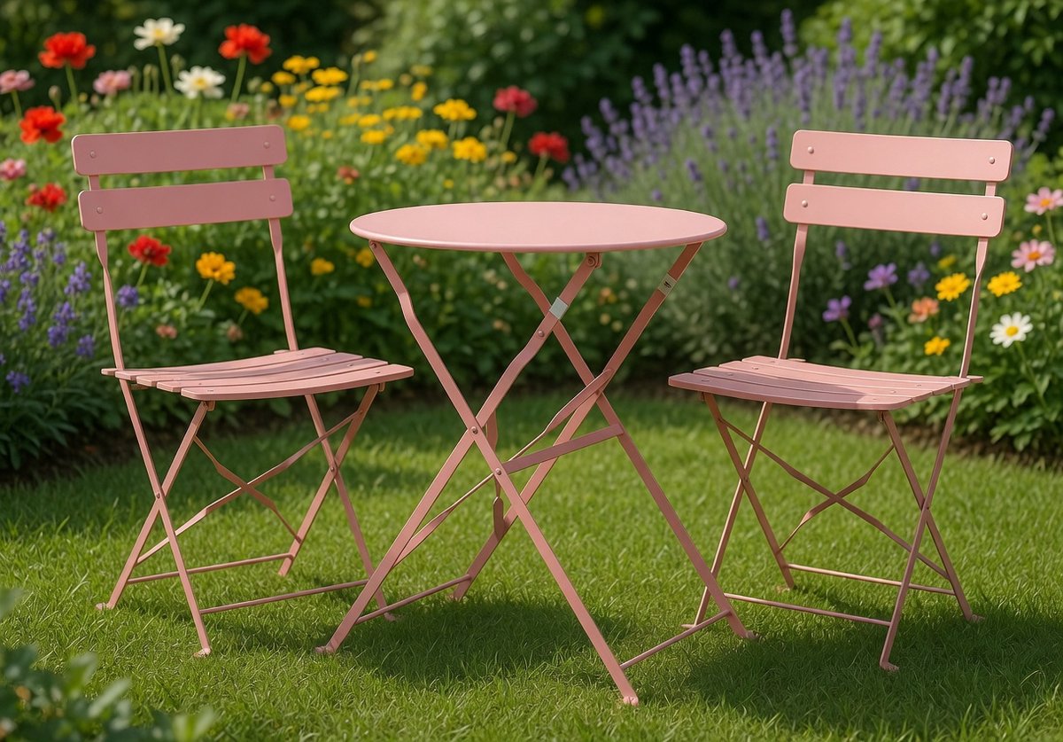 Luxe Franse Bistro Tuinset 3-delig inklapbaar – Balkonset met 2 Vouwstoelen & Ronde Metalen Tafel – Roestbestendige Vintage Tuinmeubelen voor Balkon, Terras & Tuin – Roze – IndustroHome