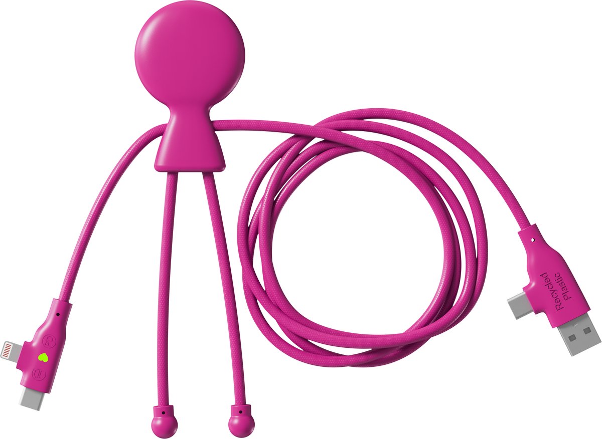 Xoopar - Mr Bio LONG Kabel - Pink - Multi-kabel - USB - Micro-USB - USB-C - Lightning - multiconnectorkabel