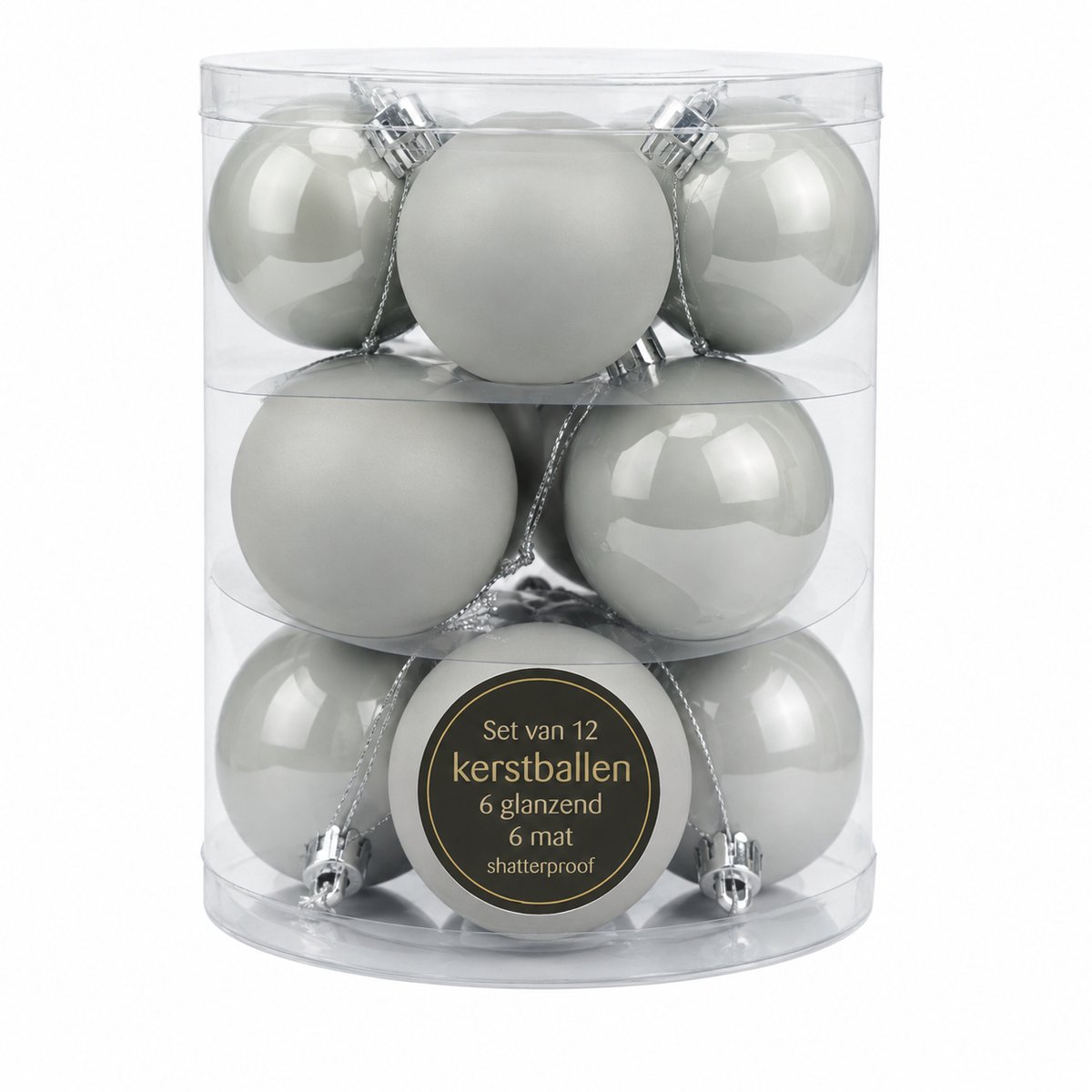 Set van 12 Lichtgrijze Kerstballen – Glans & Mat – Kunststof Shatterproof – Ø 6,5 cm – Kerstboomdecoratie
