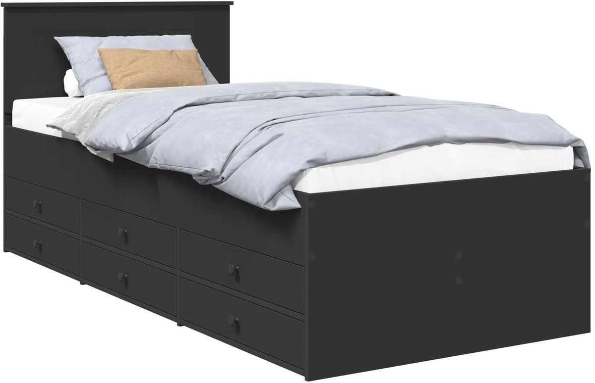 vidaXL Dagbed - met - lade - met - hoofdeinde - Zwart - 75 - x - 190 - cm - Bewerkt - hout