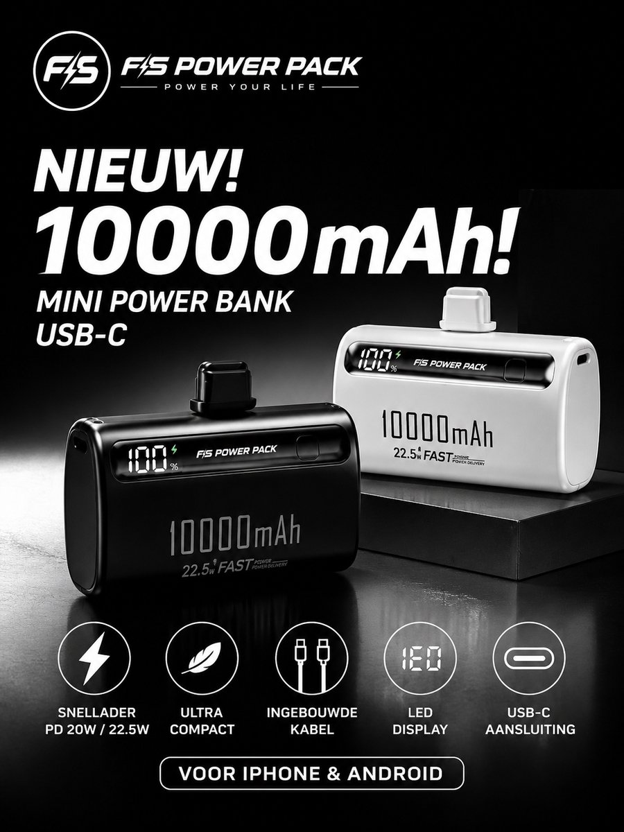 Nieuw! 10000mAh! Mini Power Bank USB-C FS Power Pack Mini Powerbank 10000mAh – Snellader PD 20W / 22.5W – Ultra Compact – Ingebouwde Kabel – LED Display – USB-C – Voor iPhone & Android – Draagbare Powerbank – Zwart / Wit